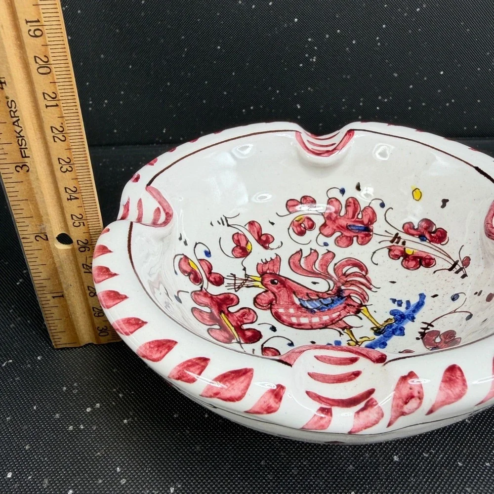 Vintage PV Italy Hand Painted Ceramic Rooster Ash Holder Red Floral Bowl 6724 D